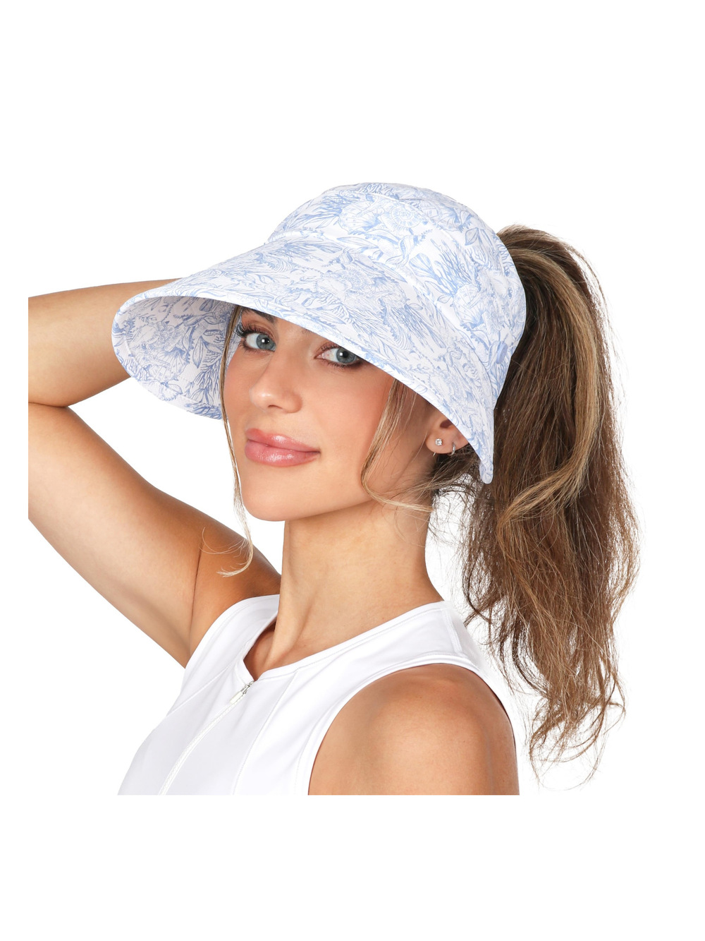 Womens Sunblocker UPF 50 Wide Brim Ponytail Sun Hat | Blue | Size OS